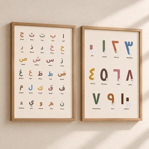 May include: Two framed educational posters with light beige backgrounds. The left poster displays the Arabic alphabet in various colors with English transliterations below each letter. The right poster features Arabic numerals zero through ten.