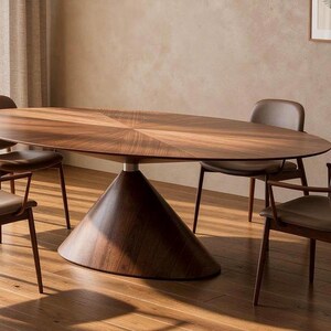 Modern Oval Oak Dining Table, Solid Walnut Veneer, Japandi Sculptural Base