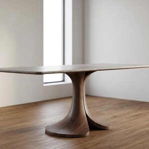 French Style Rectangular Dining Table, Matte Slate Top, Walnut Veneer Pedestal Base, Mid-Century Modern Furniture