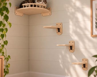 Handgefertigtes Eck-Katzenregal aus massiver Kiefer mit 3 Stufen und wandmontiertem Katzensitzplatz