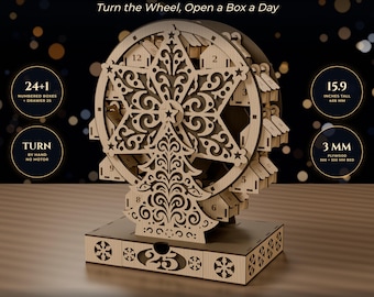 May include: A laser-cut wooden Star Tree Advent Wheel digital file featuring 24 numbered boxes and a drawer labeled 25. The structure is 15.9 inches tall, uses 3 mm plywood, and is designed to be turned by hand without a motor.