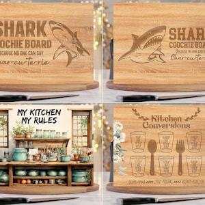 Puede incluir: Cuatro tablas de cortar rectangulares de madera. Dos presentan una ilustraci&oacute;n de tibur&oacute;n con el texto SHARK COOCHIE BOARD BECAUSE NO ONE CAN SAY Char-cu-te-rie. Una muestra una escena de cocina con MY KITCHEN MY RULES. Una muestra conversiones.