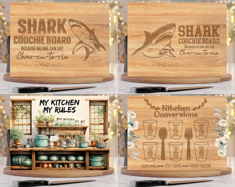 Puede incluir: Cuatro tablas de cortar rectangulares de madera. Dos presentan una ilustraci&oacute;n de tibur&oacute;n con el texto SHARK COOCHIE BOARD BECAUSE NO ONE CAN SAY Char-cu-te-rie. Una muestra una escena de cocina con MY KITCHEN MY RULES. Una muestra conversiones.