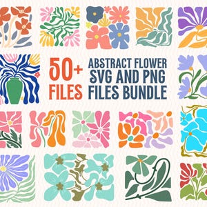 Puede incluir: Una colección digital de más de 50 archivos SVG y PNG de flores abstractas con diversas ilustraciones florales en colores vibrantes como rojo, azul, rosa, naranja, morado y verde. El texto 50+ ABSTRACT FLOWER SVG AND PNG FILES BUNDLE está centrado.
