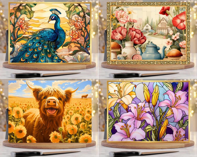 Puede incluir: Un juego de cuatro tablas de cortar rectangulares de cristal con diversos dise&ntilde;os: un pavo real azul estilo vidriera, una escena de jard&iacute;n con una tetera azul, una vaca highland marr&oacute;n en un campo de girasoles y lirios morados y amarillos.