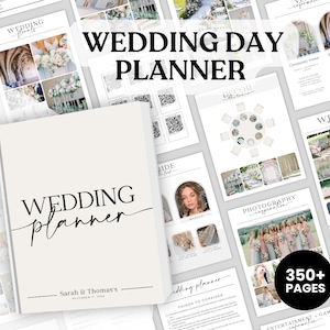 May include: A wedding day planner with a beige cover featuring the text "WEDDING planner" and "Sarah & Thomas's". The planner is surrounded by various internal page layouts including photography inspiration, decor themes, and floral arrangements.