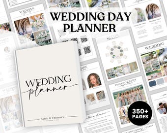 May include: A wedding day planner with a beige cover featuring the text "WEDDING planner" and "Sarah & Thomas's". The planner is surrounded by various internal page layouts including photography inspiration, decor themes, and floral arrangements.
