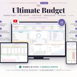 以下が含まれることがあります： 「The Ultimate Budget」と題された自動予算スプレッドシート。32個のタブ、ダッシュボード、月間予算、請求カレンダー、債務返済、積立基金、純資産トラッカーを備えています。ExcelおよびGoogle Sheetsに対応しています。