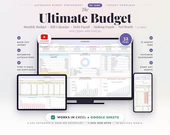 May include: An automated budget spreadsheet digital product titled The Ultimate Budget, featuring 32 tabs, a dashboard, monthly budget, bill calendar, debt payoff, sinking funds, and net worth trackers. Compatible with Excel and Google Sheets.