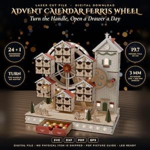 May include: A laser-cut wooden advent calendar ferris wheel with 24 numbered drawers and one base drawer labeled 25. The structure is 19.7 inches tall, designed for 3 mm plywood sheets. Text includes ADVENT CALENDAR FERRIS WHEEL.