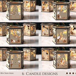 May include: A collection of six hexagonal wooden candle holders featuring intricate laser-cut designs including snowmen, reindeer, palm trees, and holiday motifs. The light-coloured wood panels are illuminated from within. Text reads 1/8IN 3MM 4MM 6 CANDLE DESIGNS.