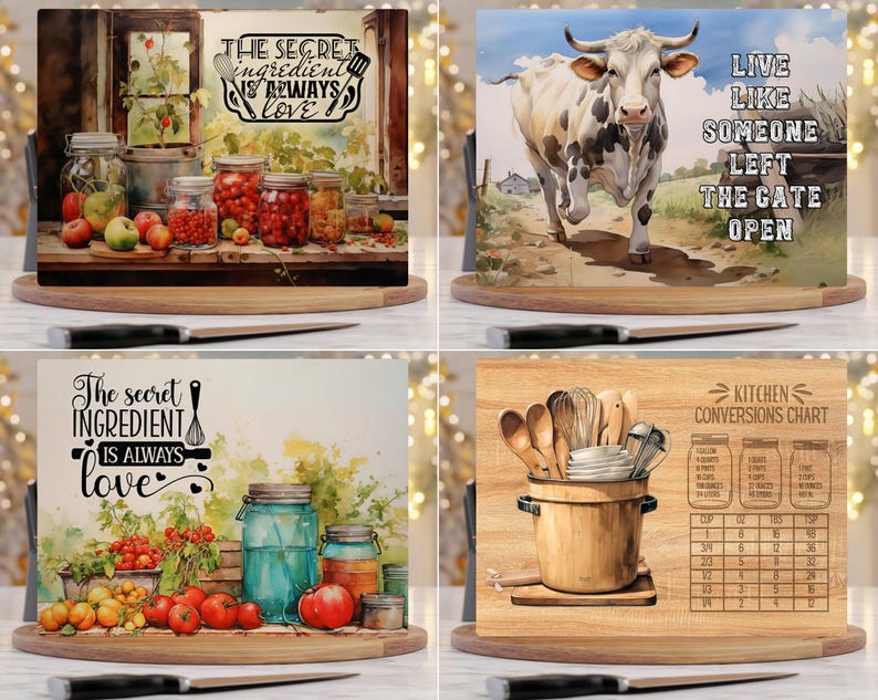 Puede incluir: Un juego de cuatro tablas de cortar rectangulares de vidrio con varios dise&ntilde;os de cocina. Una muestra frascos con productos y el texto The secret ingredient is always love. Otra representa una vaca con el texto Live like someone left the gate open. Una tercera muestra verduras y frascos con el texto The secret ingredient is always love. La cuarta muestra una olla con utensilios y una tabla de conversi&oacute;n de cocina.