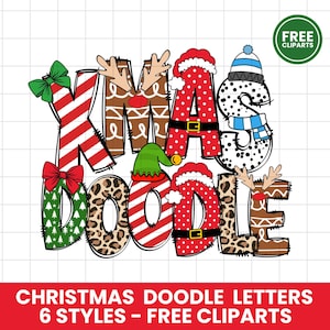 Könnte beinhalten: Eine digitale Grafik mit dem Text XMAS DOODLE in stilisierten Buchstaben mit verschiedenen Mustern, darunter rot-weiße Streifen, brauner Lebkuchen, rote Punkte, Leopardenmuster und grüne Tannenbäume, verziert mit Schleifen, Mützen und Geweihen.