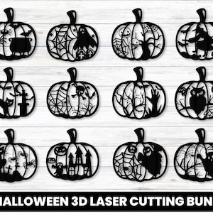 Puede incluir: Una colección de doce siluetas de calabaza negras cortadas con láser que presentan intrincados diseños de Halloween, incluyendo fantasmas, arañas, murciélagos, una bruja, un gato, un búho, una casa encantada y una calavera. Texto 13 HALLOWEEN 3D LASER CUTTING BUNDLE.