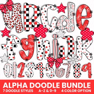 May include: A digital graphic set featuring the alphabet and numbers 0-9 in a doodle style. Each character displays various patterns including red leopard print, black and white checkers, stars, polka dots, and bows, accented with stitched edges.