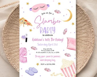 Bewerkbare uitnodiging voor een pyjamaparty/verjaardagsfeestje met een roze meisje, pizza-pyjama, tiener, digitale download, printbaar sjabloon 1165