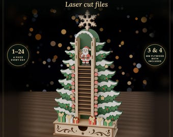 以下が含まれることがあります： Santa Tree Countdownのレーザーカットファイルプロジェクト。緑と白の層状のクリスマスツリー、サンタのフィギュア、1から24までの番号付きスロット、引き出しが特徴。テキスト：Santa Tree Countdown, 1-24 A PIECE EVERY DAY, 3 & 4 MM PLYWOOD BOTH INCLUDED。
