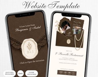 以下が含まれることがあります： Save the Dateウェブサイトテンプレートを表示する2台のスマートフォン。左側の画面は、ワックスシールと「A Love Letter From Benjamin & Isabel」というテキストが書かれた茶色の背景。右側の画面には、結婚式の詳細とカウントダウンタイマーが表示されています。
