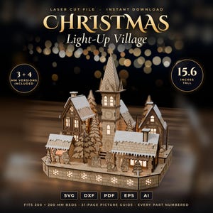 Peut inclure: Un modèle de village de Noël lumineux en bois découpé au laser avec une tour d'horloge centrale, plusieurs maisons et des figurines festives. La structure mesure 15,6 pouces de haut et inclut des versions de 3 et 4 mm. Texte : LASER CUT FILE, INSTANT DOWNLOAD, CHRISTMAS Light-Up Village, SVG, DXF, PDF, EPS, AI, FITS 300 x 200 MM BEDS.