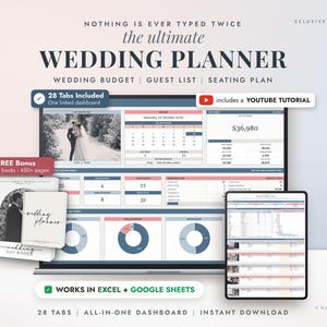 May include: A digital wedding planner template displayed on a laptop and tablet screen, featuring a dashboard with 28 tabs, budget tracking, guest lists, and seating plans. The interface includes charts, calendars, and text labels in blue and pink.