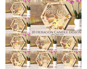 May include: A collection of light-colored wooden hexagon candle holders featuring intricate laser-cut holiday scenes including reindeer, sleighs, and festive patterns. The text 20 HEXAGON CANDLE DESIGN 1/8IN 3MM 4MM is visible on the image.