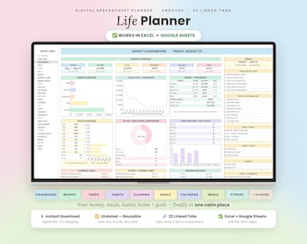 May include: A digital spreadsheet life planner for Excel and Google Sheets featuring a dashboard with budget, task, habit, and goal tracking sections. The interface includes 23 linked tabs, a sidebar for quick links, and pastel-colored data charts.