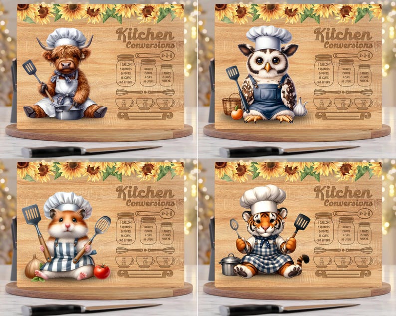 Puede incluir: Un juego de cuatro tablas de cortar rectangulares de madera con tablas de conversi&oacute;n de cocina y bordes de girasoles. Cada tabla muestra un animal diferente con gorro de chef y delantal, incluyendo una vaca, un b&uacute;ho, un h&aacute;mster y un tigre.