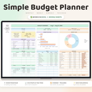 以下が含まれることがあります： 画面に表示されたデジタル版Simple Budget Plannerスプレッドシート。月次、週次、隔週の追跡セクションを備えています。キャッシュフロー、収入、請求書、貯蓄の表に加え、円グラフや棒グラフによるデータ視覚化機能が含まれています。