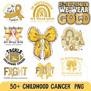 Op de afbeelding: Een verzameling digitale grafische ontwerpen met gouden linten, regenbogen en strikken met tekst zoals In September We Wear Gold en Fight, gericht op bewustwording van kinderkanker met diverse lettertypes, patronen en decoratieve elementen.