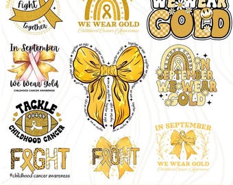 Puede incluir: Una colección de diseños gráficos digitales con cintas doradas, arcoíris y lazos con texto que incluye In September We Wear Gold y Fight, centrados en temas de concienciación sobre el cáncer infantil con diversas fuentes y patrones.