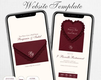 以下が含まれることがあります： Save the Dateウェブサイトテンプレートを表示する2台のスマートフォン。画面にはレースの縁取りが施された濃い赤色の封筒、You Have Got a Mail from Benjamin & Isabelというテキスト、Borcelle Restaurantでのイベント詳細、カウントダウンタイマーが表示されています。