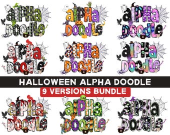 Puede incluir: Un paquete de gráficos digitales con nueve variaciones del texto alpha doodle en patrones temáticos de Halloween. Cada diseño incluye ilustraciones de fantasmas, arañas, telarañas, calabazas y calderos en naranja, verde, morado y negro.
