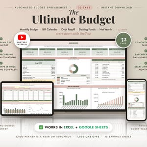 May include: An automated budget spreadsheet template for Excel and Google Sheets featuring a dashboard with 32 tabs, charts, and financial tracking tables. The interface displays monthly budget, bill calendar, debt payoff, and net worth sections.