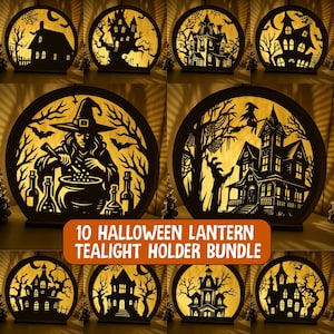 Può includere: Una collezione di dieci portacandele circolari di Halloween con sagome nere tagliate al laser di case infestate, streghe e alberi spettrali su uno sfondo caldo e luminoso. Il testo 10 HALLOWEEN LANTERN TEALIGHT HOLDER BUNDLE è visualizzato al centro.