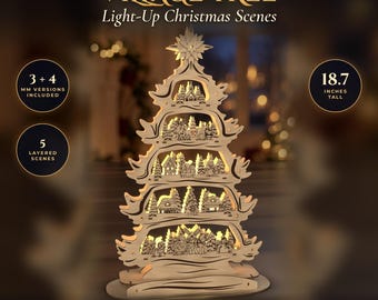 May include: A laser-cut wooden Christmas tree decoration featuring five layered scenes of a village, illuminated by an LED string. The structure stands 18.7 inches tall and includes text labels for 3+4 mm versions, 5 layered scenes, and file formats.
