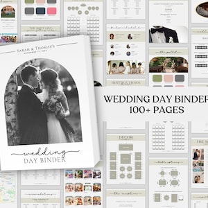 Peut inclure: Un classeur de jour de mariage de plus de 100 pages, avec une couverture blanche ornée d'une photo en noir et blanc en arche d'un couple et le texte Sarah & Thomas's November 17, 2024, wedding day binder. Le fond montre divers modèles.