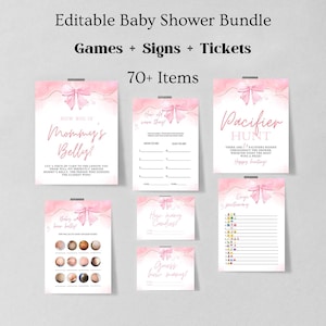 Può includere: Un set modificabile per baby shower con oltre 70 articoli, inclusi giochi, cartelli e biglietti. Ogni carta presenta uno sfondo acquerello rosa tenue con un fiocco decorativo e testo nero. Il set include How Big Is Mommy's Belly, How Old Were They, Pacifier Hunt, Baby Beer Belly, How Many Candies e Emoji Pictionary.