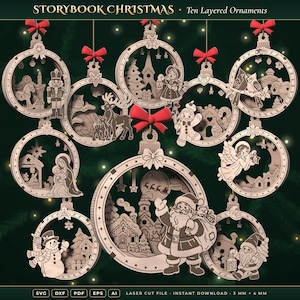 May include: Ten circular wooden ornaments labeled STORYBOOK CHRISTMAS, featuring laser-cut scenes of Santa, a snowman, a nativity, reindeer, and other holiday figures. Each ornament is topped with a red bow and includes 3 mm and 4 mm thickness.