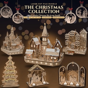 Könnte beinhalten: Ein Lasercut-Dateibündel mit dem Titel THE CHRISTMAS COLLECTION, das sieben weihnachtliche Holzbausätze enthält. Das Bild zeigt verschiedene komplexe Holzstrukturen, darunter eine Dorfszene, ein Riesenrad, eine Krippe und ein Baum-Display.