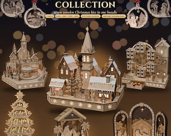 以下が含まれることがあります： THE CHRISTMAS COLLECTIONと題されたレーザーカットファイルバンドルで、7つの木製クリスマスキットが含まれています。画像には、村のシーン、観覧車、キリスト降誕のシーン、ツリー型のディスプレイなど、複雑な木製の構造物がいくつか表示されています。