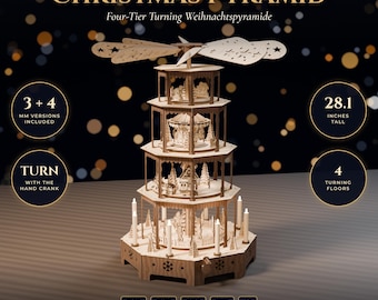 Christmas Pyramid Laser Cut File, Four-Tier Turning Weihnachtspyramide with Hand Crank, Wooden Christmas Decor SVG DXF, 3mm 4mm