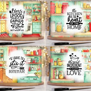 Puede incluir: Cuatro tablas de cortar rectangulares de vidrio con ilustraciones de cocina y texto. Los dise&ntilde;os incluyen frases como Bless the Food, The Kitchen is the Heart of the Home, If I Have to Stir It, It's Homemade y The Secret Ingredient is Always Love.