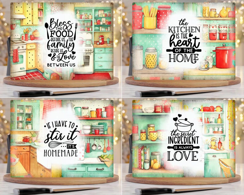 Puede incluir: Cuatro tablas de cortar rectangulares de vidrio con ilustraciones de cocina y texto. Los dise&ntilde;os incluyen frases como Bless the Food, The Kitchen is the Heart of the Home, If I Have to Stir It, It's Homemade y The Secret Ingredient is Always Love.