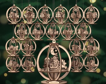 May include: A collection of twenty laser-cut wooden snow globe ornaments featuring various Christmas scenes. Each spherical ornament contains intricate layered designs, including Santa, reindeer, and holiday motifs. Text reads: SNOW GLOBE ORNAMENTS - Twenty Little Christmas Scenes. SVG, DXF, PDF, EPS, AI, 3 MM + 4 MM.