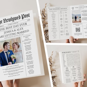 Puede incluir: Un programa de boda diseñado como un periódico titulado The Newlywed Post, que presenta una fotografía de una pareja, detalles de la fiesta, un cronograma, una historia de amor, un menú y una sopa de letras impresos en negro sobre papel blanco.