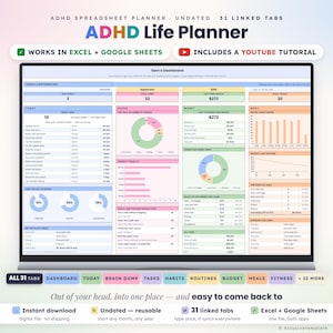 May include: An undated ADHD Life Planner digital spreadsheet template for Excel and Google Sheets. The dashboard features colorful sections for tasks, money, and habits, with 31 linked tabs, progress charts, and a YouTube tutorial included.