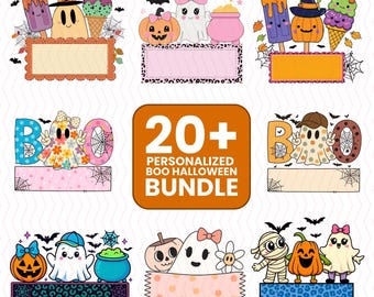 May include: A digital collection of Halloween-themed graphics featuring ghosts, pumpkins, ice cream, and bats. The central orange square displays the text 20+ PERSONALIZED BOO HALLOWEEN BUNDLE. Each design includes a blank rectangular space for custom text.