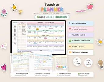 Teacher Planner Spreadsheet for Google Sheets AND Excel | Undated Lesson Planner, Gradebook, Attendance Tracker | Teacher Monthly Calendar