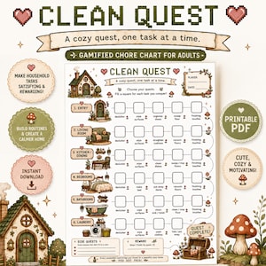 May include: A gamified chore chart titled Clean Quest with a cozy cottage theme. The document features sections for entry, living room, kitchen, bedrooms, bathrooms, and laundry, each with checkboxes for tasks, plus side quests and a reward section.