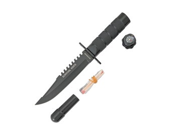 8.5" Compact Survival Knife with Compass & Kit - Ideal Christmas Gift for Outdoor Men, Dad, Husband | Black 440 Stainless Sawback Blade